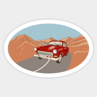 Red vintage car on the highway  in the desert and mountains. Sticker